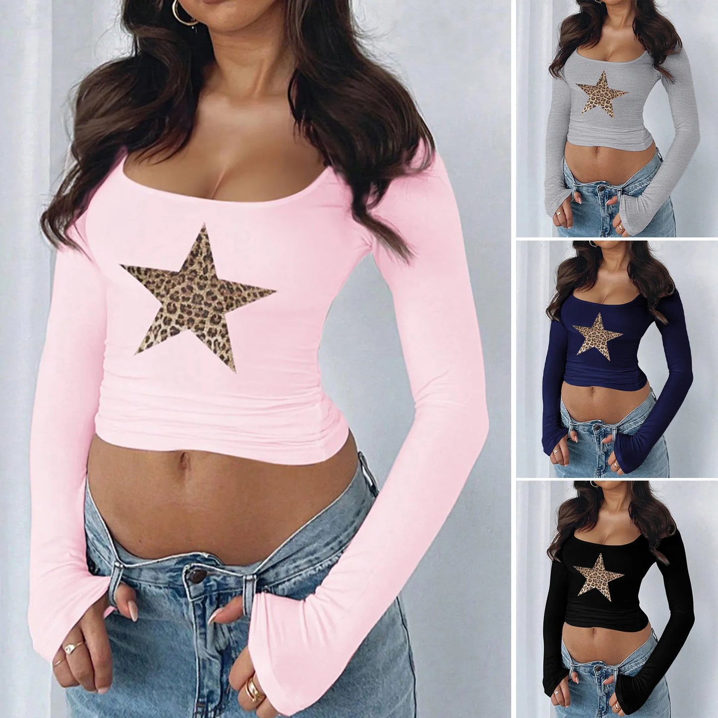 2025 Spring Summer Fashion Casual Sexy Women's T-Shirt with Low-cut Square Neck Pentagram Long Sleeve