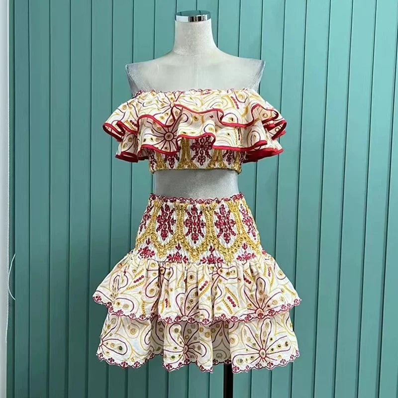 2025 Spring Summer New Lace Two Pieces Sets Off-Shoulder Crop Top + Flounce Hem Skirt Co-ord Set