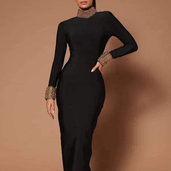 Luxury Fashion Elegant Long Sleeve Premium Bandage Dinner Dresses Luxurious Beaded Backless Slim Maxi Evening Dress for Women