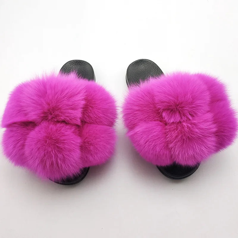Woman Elegantes Adjustable Slides Fluffy Platform Sandal Rainbow Faux Fur Slippers