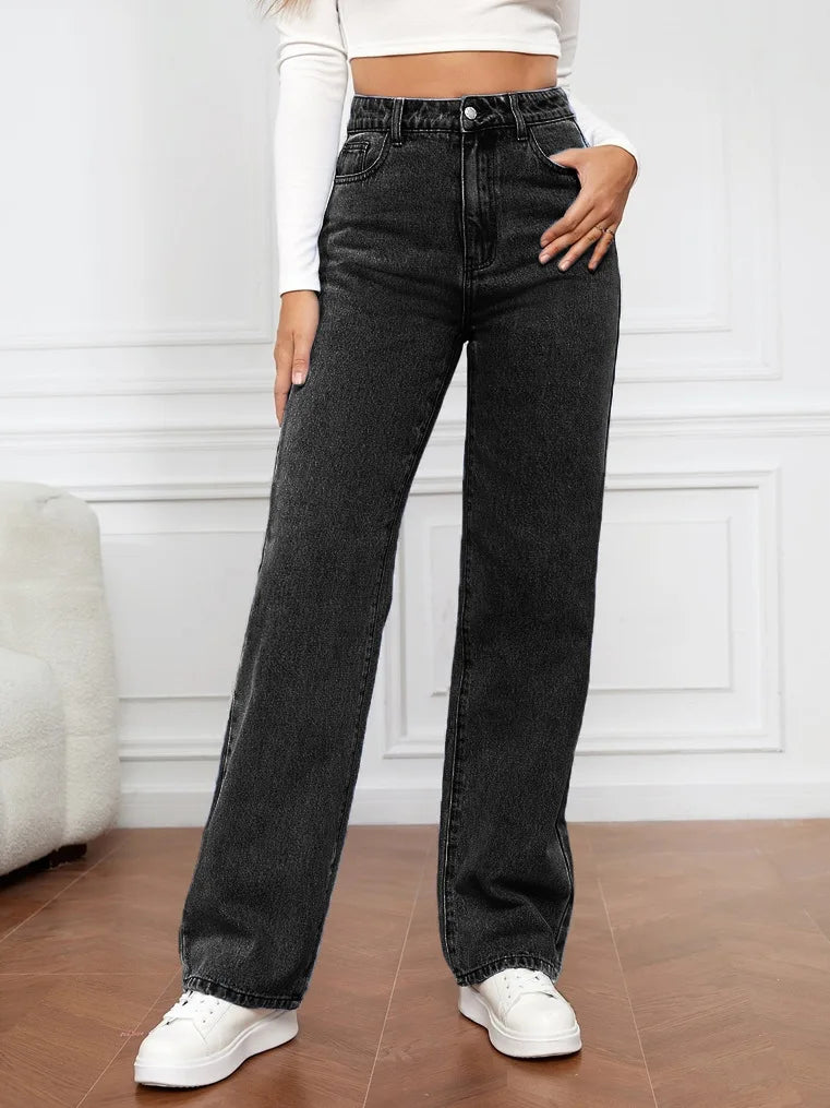2025 Fashion New Women's High Waist Washed Pure Color Long Casual Basic Straight Leg Long Jeans