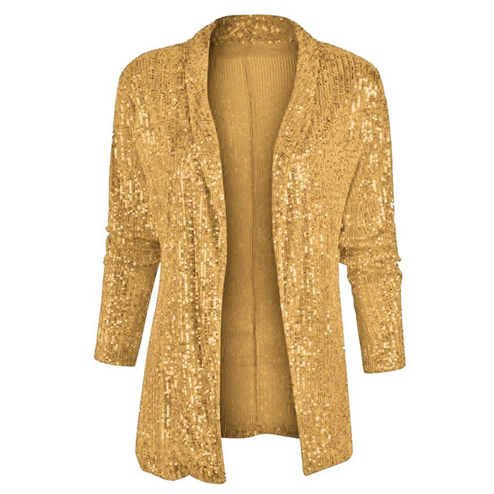Glitter Long Sleeved Temperament Medium Length Small Suit Lapel Color Coat for Women