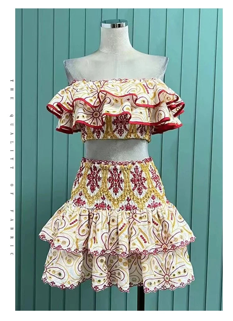 2025 Spring Summer New Lace Two Pieces Sets Off-Shoulder Crop Top + Flounce Hem Skirt Co-ord Set