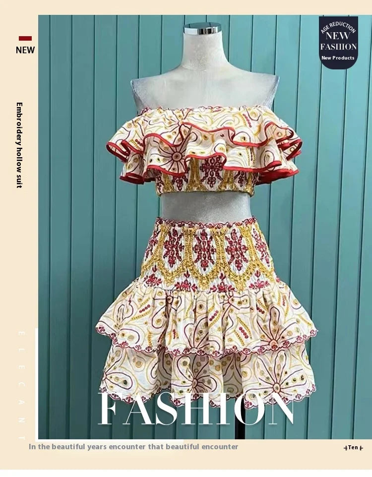 2025 Spring Summer New Lace Two Pieces Sets Off-Shoulder Crop Top + Flounce Hem Skirt Co-ord Set