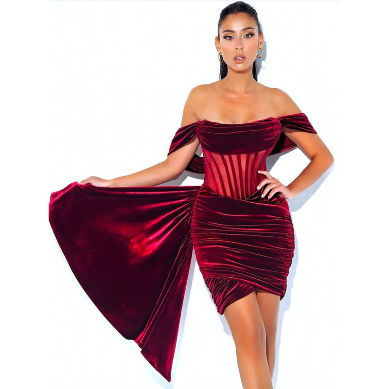 Newest Christmas Red Off Shoulder Pleated Dress Women Mini Dress Lady Slim Fit Party Dress