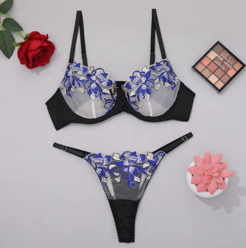 Women's Lingerie Floral Design Embroidery Two Piece Set Gauze Large Floral Splicing Color Lingerie Set Bra Push up Lingerie Set
