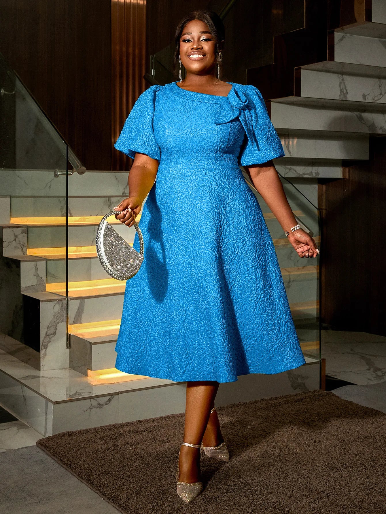 Plus Size African Jacquard Party Dress for Women - Elegant A-Line Evening Gown for Curvy Fashion
