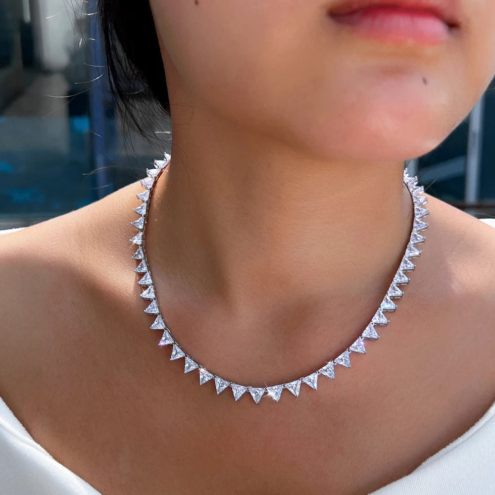 New Fashion Shiny White Triangle Shape Cubic Zirconia Bridal Wedding Tennis Necklace for Women Elegant Daily Party Jewelry