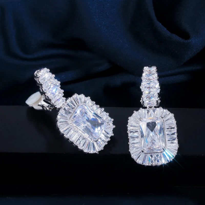 Non Pierced Ear Gorgeous Top Cubic Zirconia Crystal Women Wedding Evening Party Clip on Long Earrings Without Piercing