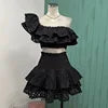 2025 Spring Summer New Lace Two Pieces Sets Off-Shoulder Crop Top + Flounce Hem Skirt Co-ord Set