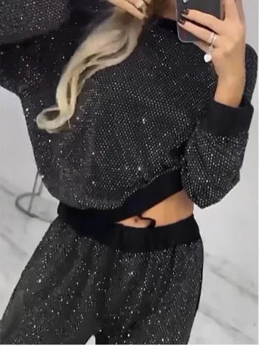 Autumn/Winter Women's Starry Sky Full Sky Long Sleeve Round Neck Loose Top Drawstring Wide Leg Two Piece Set