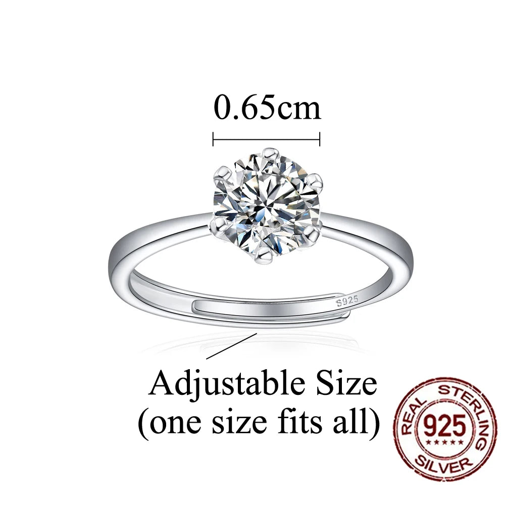 Shiny Pretty 6.5mm Cubic Zircon Crystal S925 Sterling Silver Adjustable Weddings Engagement Ring for Women Finger Jewelry