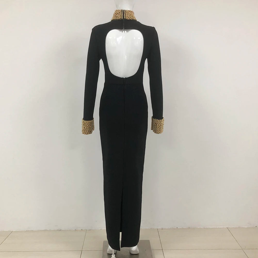 Luxury Fashion Elegant Long Sleeve Premium Bandage Dinner Dresses Luxurious Beaded Backless Slim Maxi Evening Dress for Women