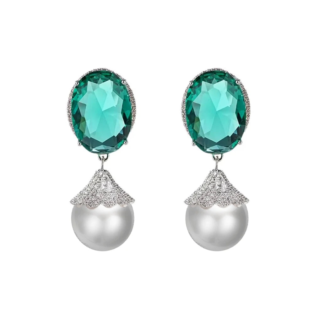 Glamorous Cubic Zircon Green Crystal Imitation Pearl Banquet Party Dangle Drop Earrings for Women Appointment Jewelry