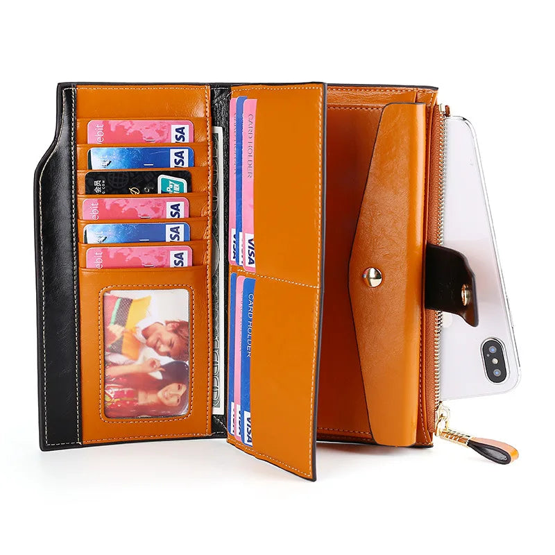 Fashion Real Leather Women RFID Clutch Purse with Strap Long Handle Wallet