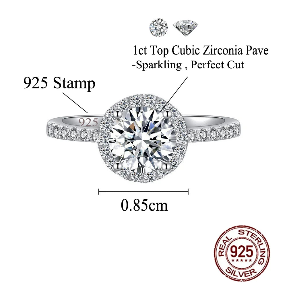 Luxury Round Cut Shiny Diamond Like Cubic Zirconia S925 Sterling Silver Wedding Brides Promise Finger Ring for Women