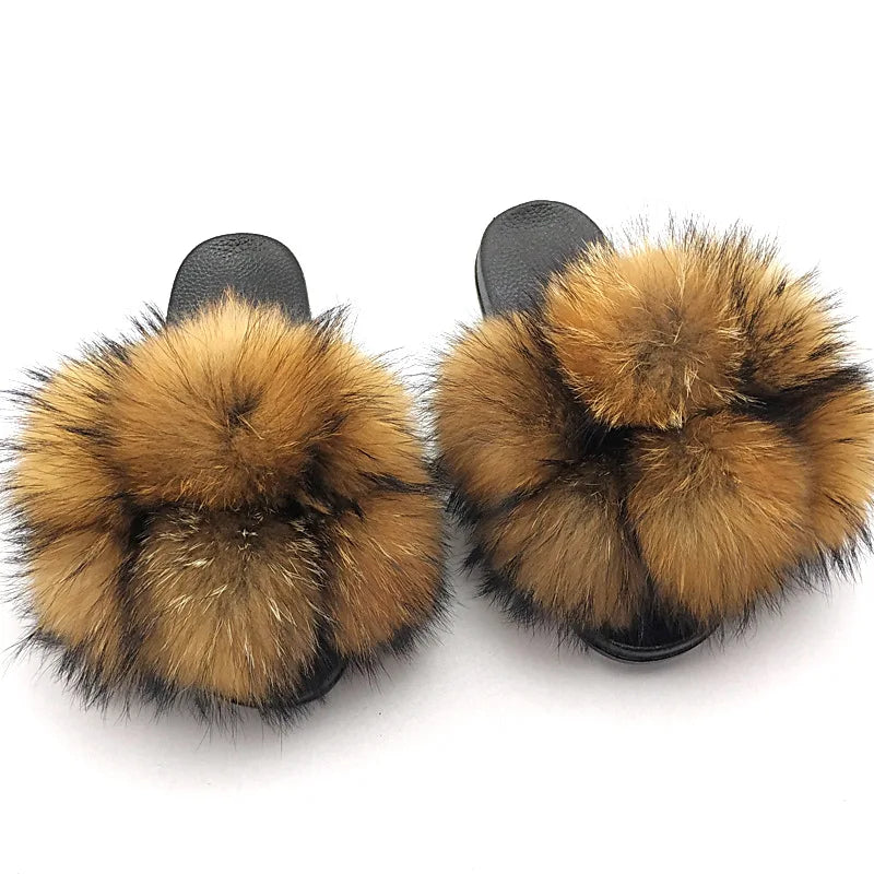 Woman Elegantes Adjustable Slides Fluffy Platform Sandal Rainbow Faux Fur Slippers