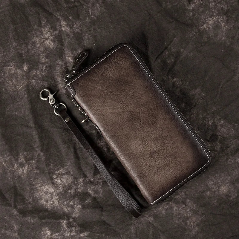 Customizable Men's Clutch Purse New Genuine Cow Leather Zipper RFID Hand Painted Long Cell Phone Bag
