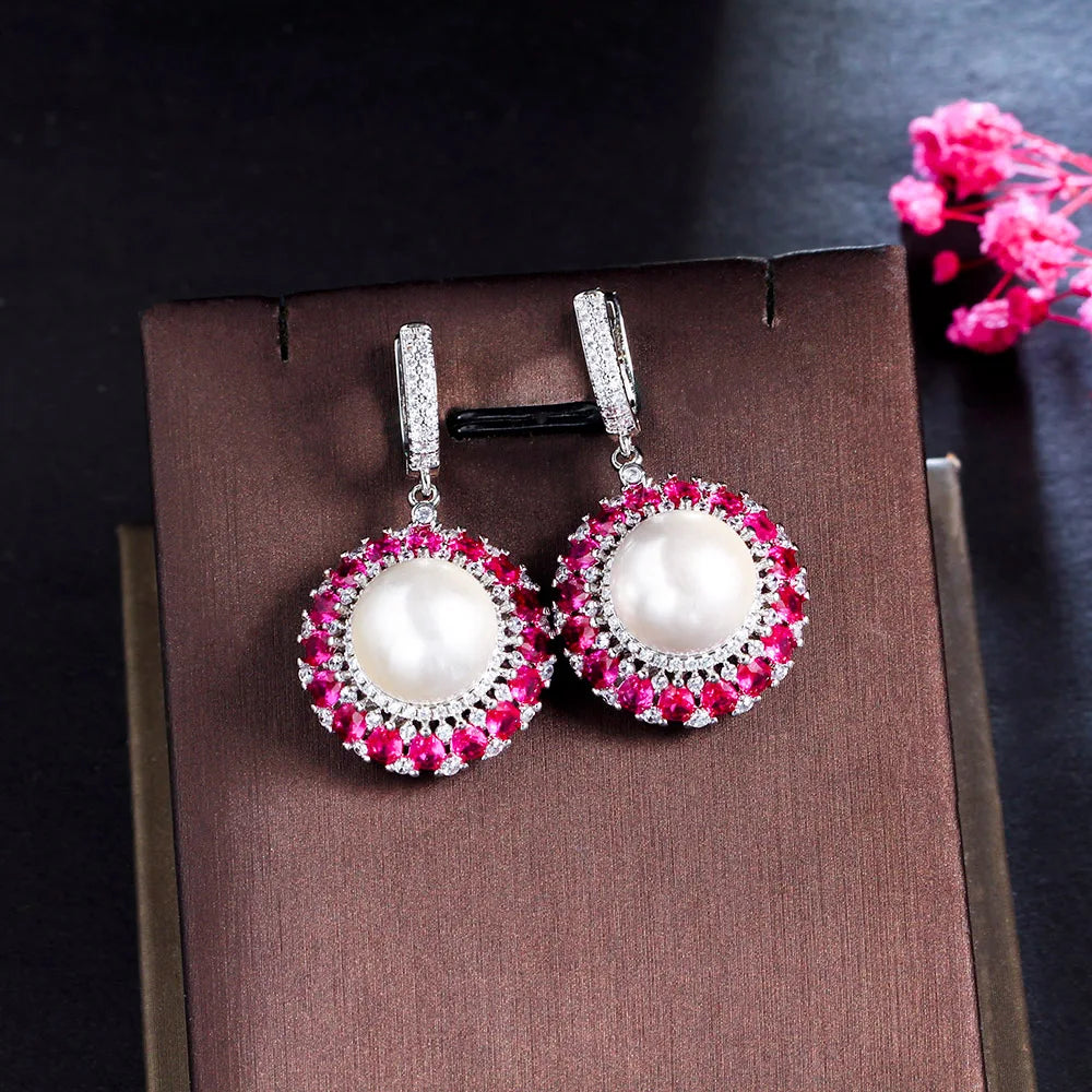 Fashion Silver Plated CZ Huggie Round Big Pearl Drop Earrings for Wedding Quality Green Red Cubic Zirconia Crystal Jewelry Gifts