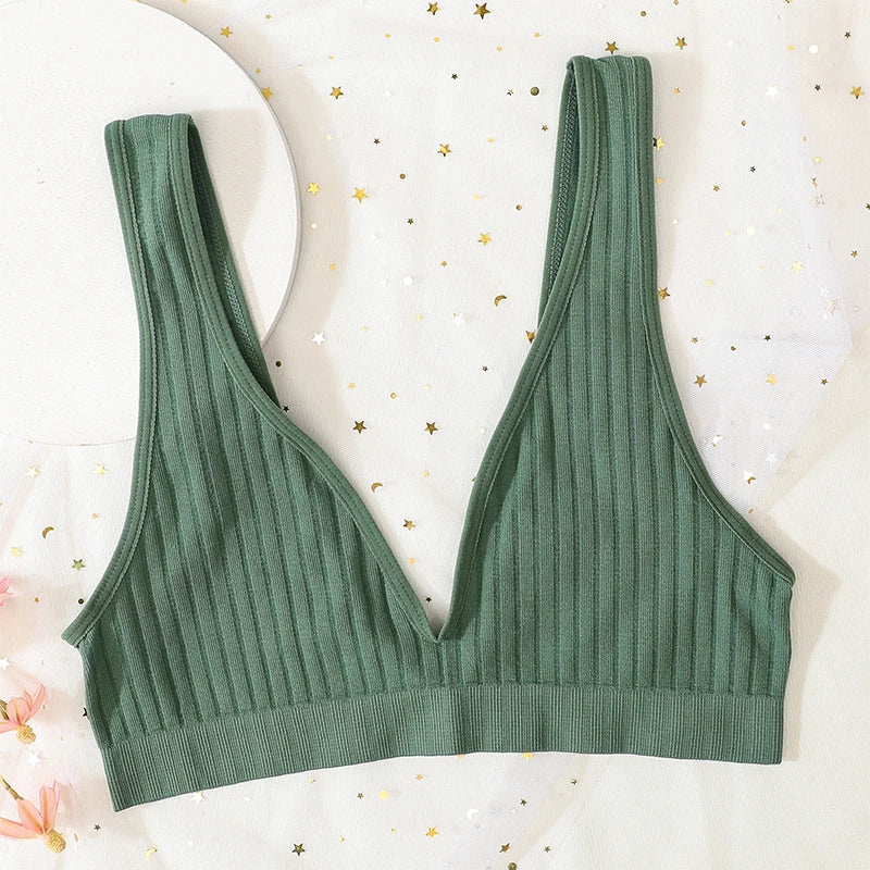 V-neck Push Up Bras For Women Seamless Bra Sexy Lingerie Female Low Back Ribbed Bralette Sleep Underwear Unlined Bra Crop Tops
