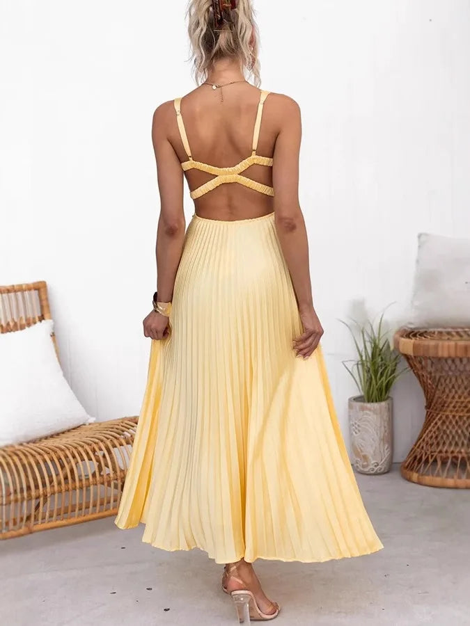 2025 New Fashion Summer Women's Deep V-Neck Sexy Slim Sleeveless High Waist Pleated Solid Color Long Dress