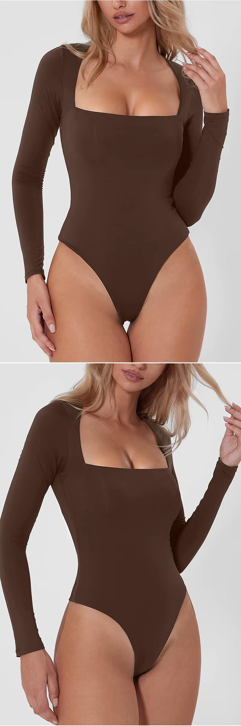 2PCS New Style Women's Sexy Square Neck Bodysuit Long Sleeve Double Lined Shirt Tops