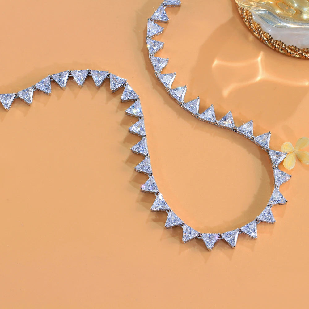 New Fashion Shiny White Triangle Shape Cubic Zirconia Bridal Wedding Tennis Necklace for Women Elegant Daily Party Jewelry