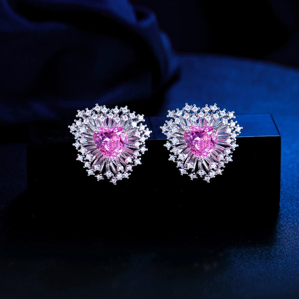 Trendy Fashion Pink Heart Cut Cubic Zirconia Firework Shape Stud Earrings for Women Dating Engagement Party Jewelry