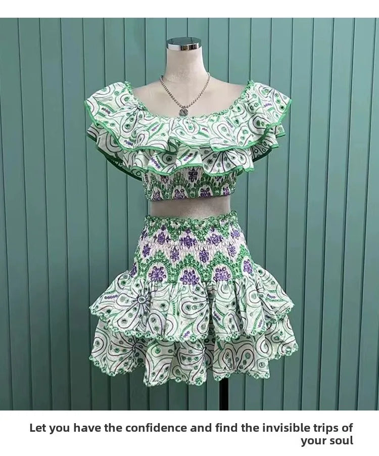 2025 Spring Summer New Lace Two Pieces Sets Off-Shoulder Crop Top + Flounce Hem Skirt Co-ord Set