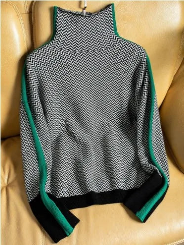 Autumn and Winter Design Loose Color Clashing High Neck Sweater Sweater Women Fall Winter Knitted Tops
