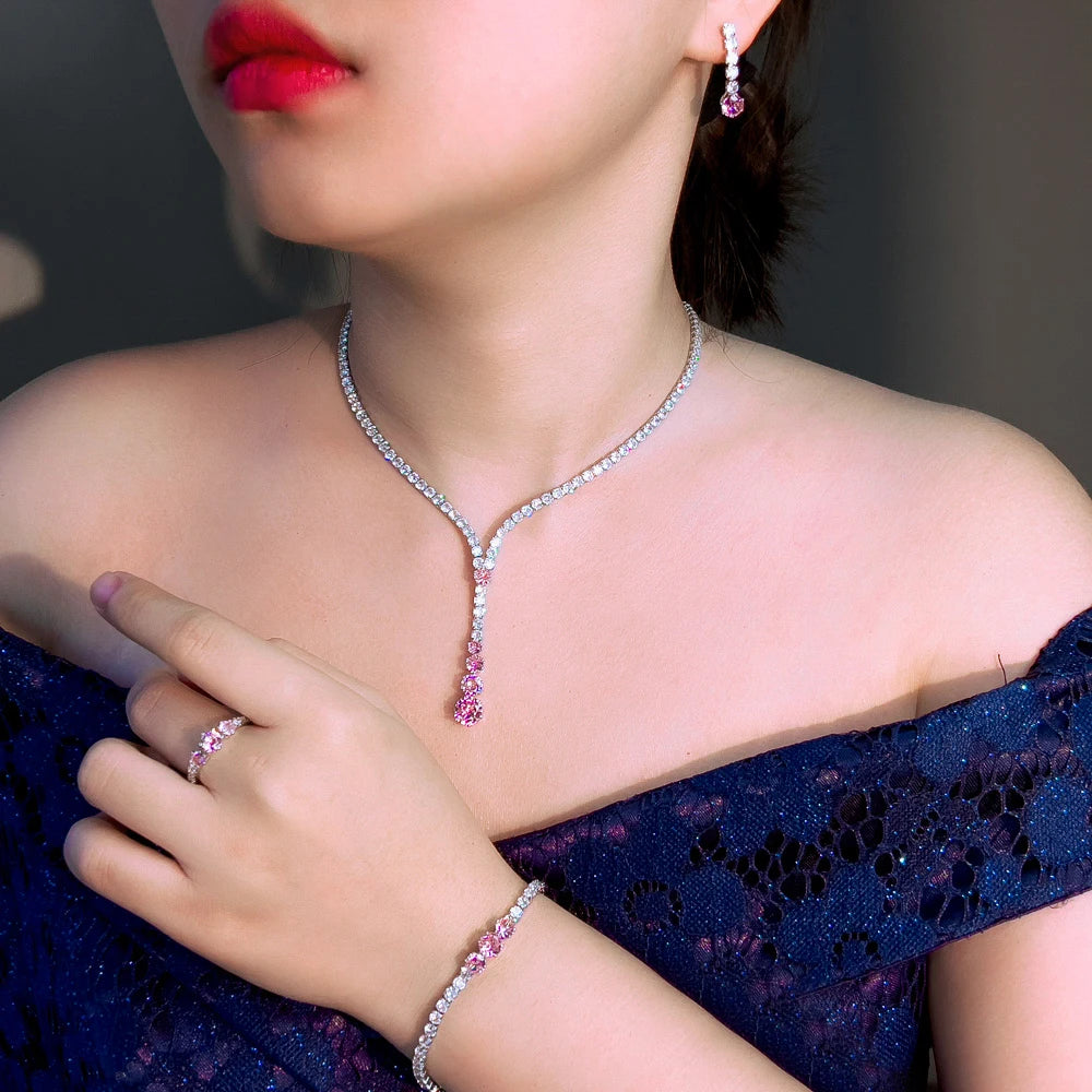4pcs Glittering Cubic Zircon White Pink Necklace Earrings Bracelet and Ring Wedding Bridal Jewelry Set for Women Party Accessory