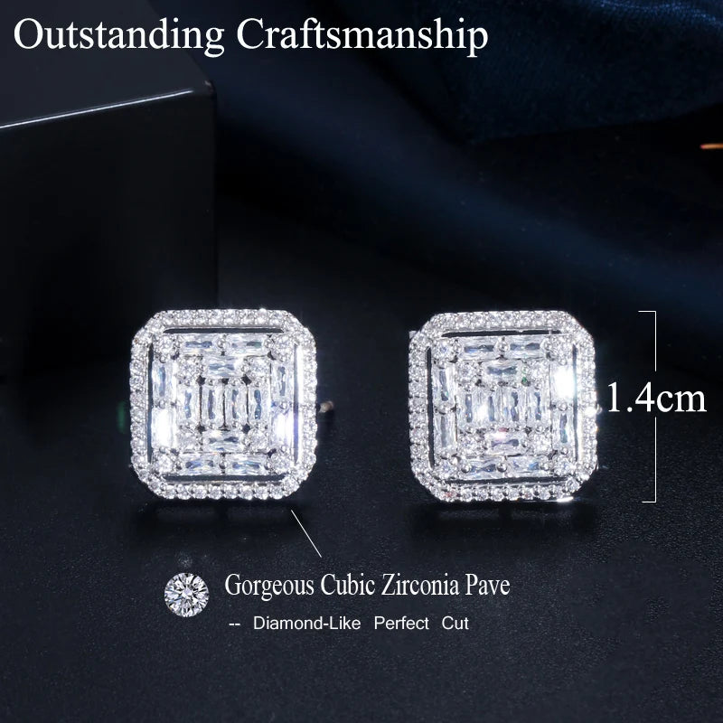 New Fashion Gorgeous Fancy Cubic Zirconia Big Square Stud Earring for Women White Gold Plated Wedding Bouquet Jewelry
