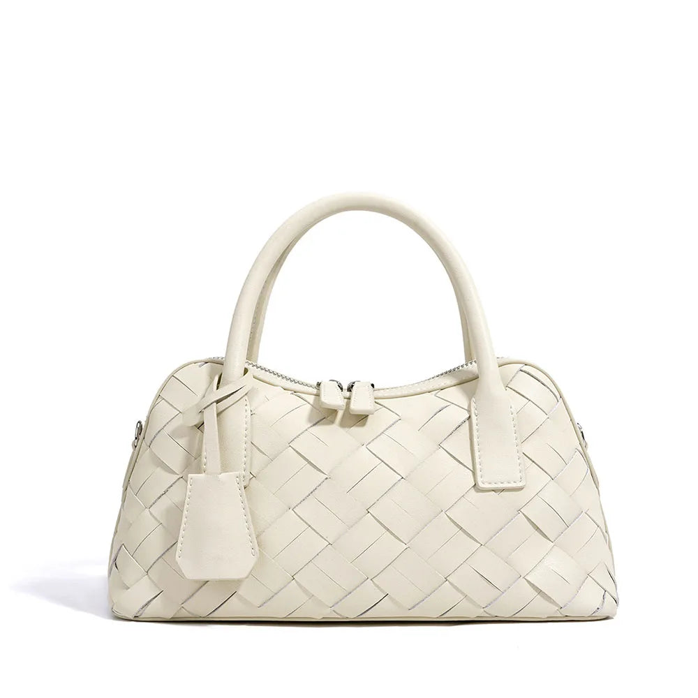 Elegant Genuine Cowhide Leather Woven Bag Women's Lady Style Handwoven Crossbody Shoulder Clutch Pillow Handbag Purse