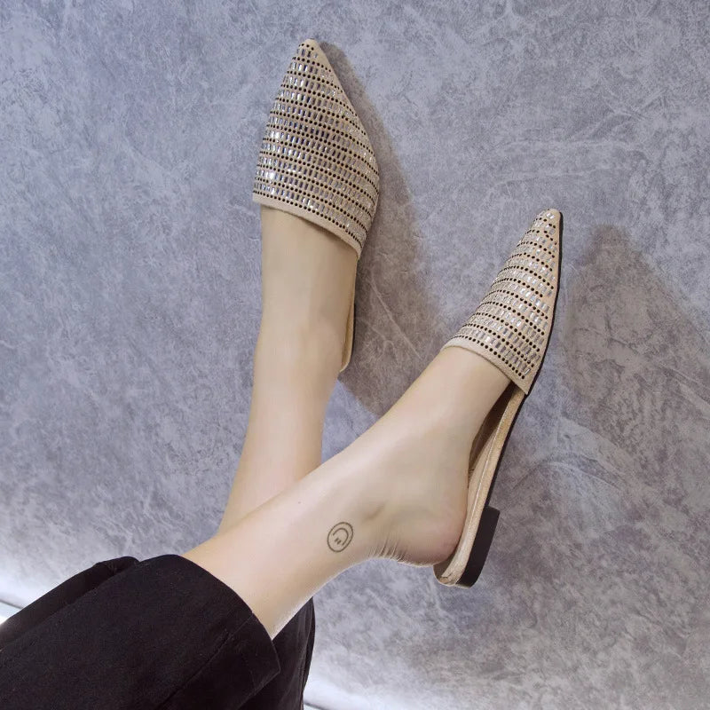 Brand New Design Shiny Diamond Women's Flat Shoes Open Heel Simple Mueller Shoes Casual Lazy Ladies Shoes
