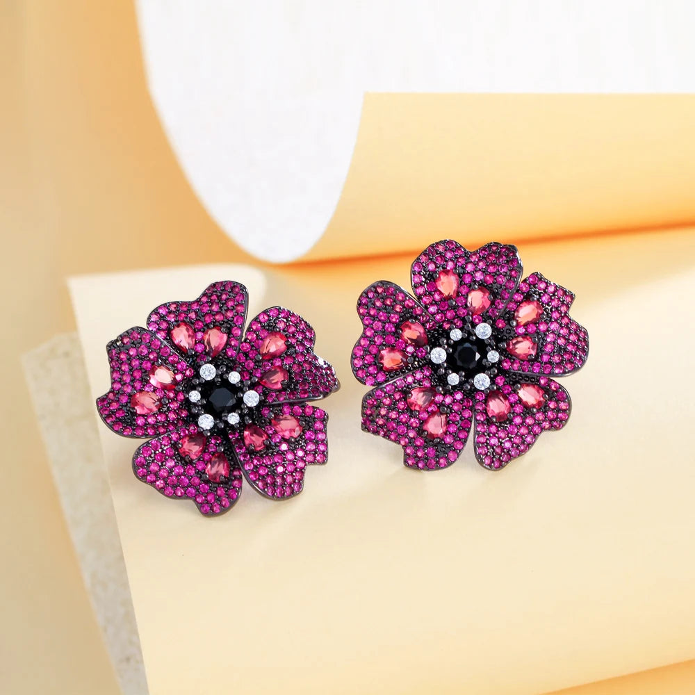 Luxury Rose Red Cubic Zirconia Big Flower Stud Earrings for Women Fashion Elegant Daily Party Costume Jewelry