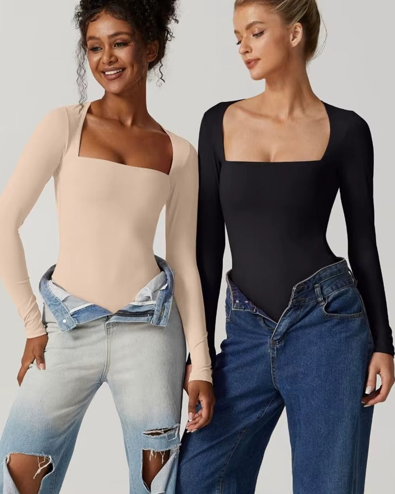 2PCS New Style Women's Sexy Square Neck Bodysuit Long Sleeve Double Lined Shirt Tops