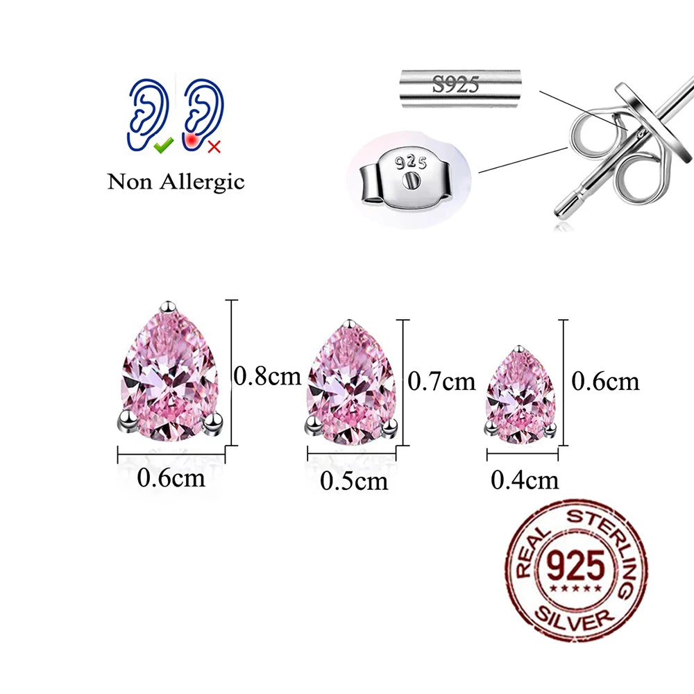 Brilliant Sterling Silver 925 Stud Earrings Zircon 8mm Big Water Drop Shape Pink Stud Earrings for Women Party Anniversary Gifts
