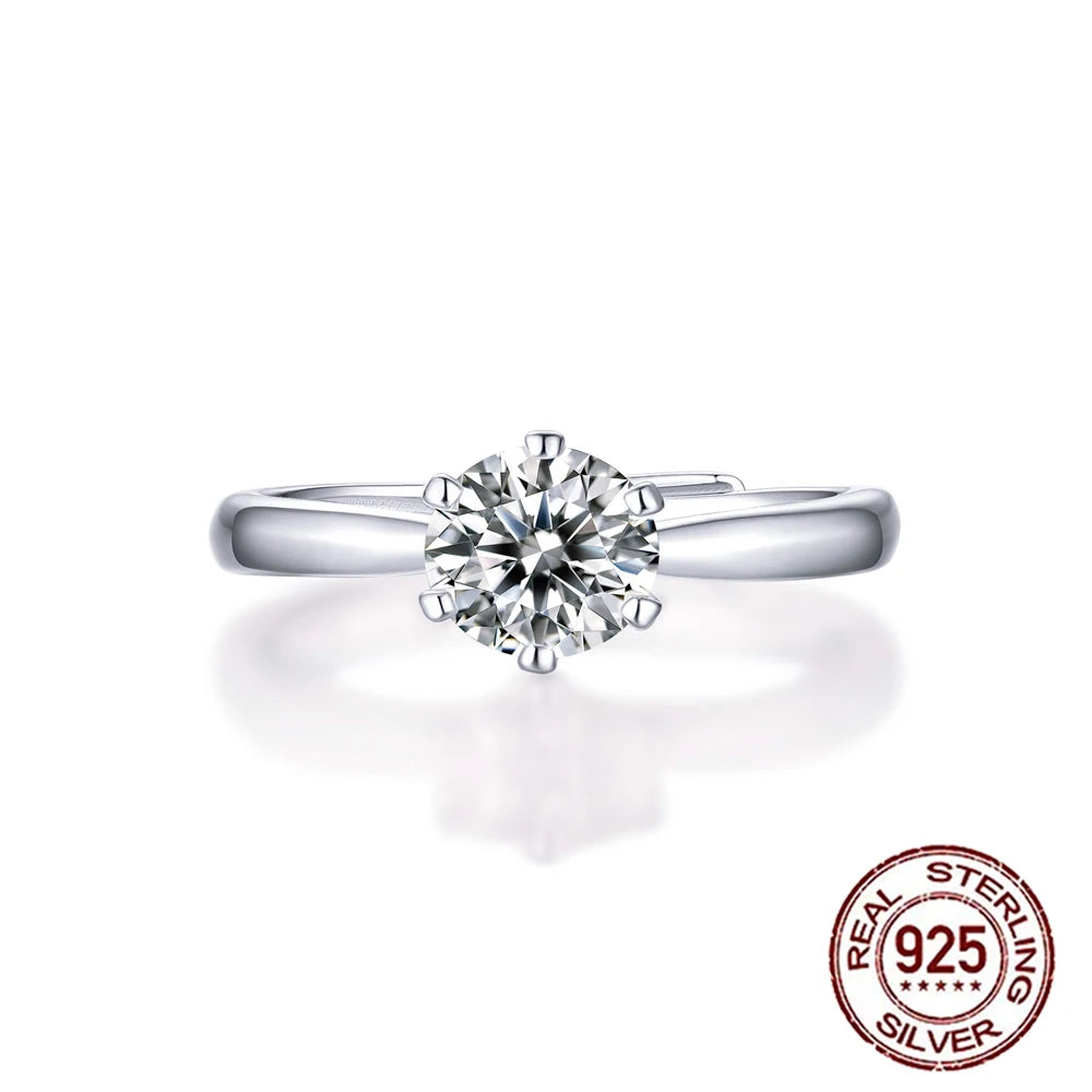 Shiny Pretty 6.5mm Cubic Zircon Crystal S925 Sterling Silver Adjustable Weddings Engagement Ring for Women Finger Jewelry