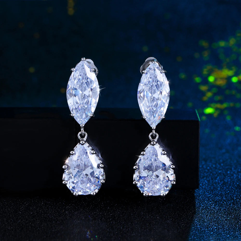 Women Luxury Non Pierced Jewellery Shiny White Cubic Zirconia Clip on Earrings for Girls Wedding Party Special Occasions Jewelry