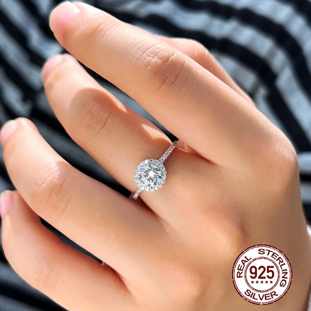 Luxury Round Cut Shiny Diamond Like Cubic Zirconia S925 Sterling Silver Wedding Brides Promise Finger Ring for Women