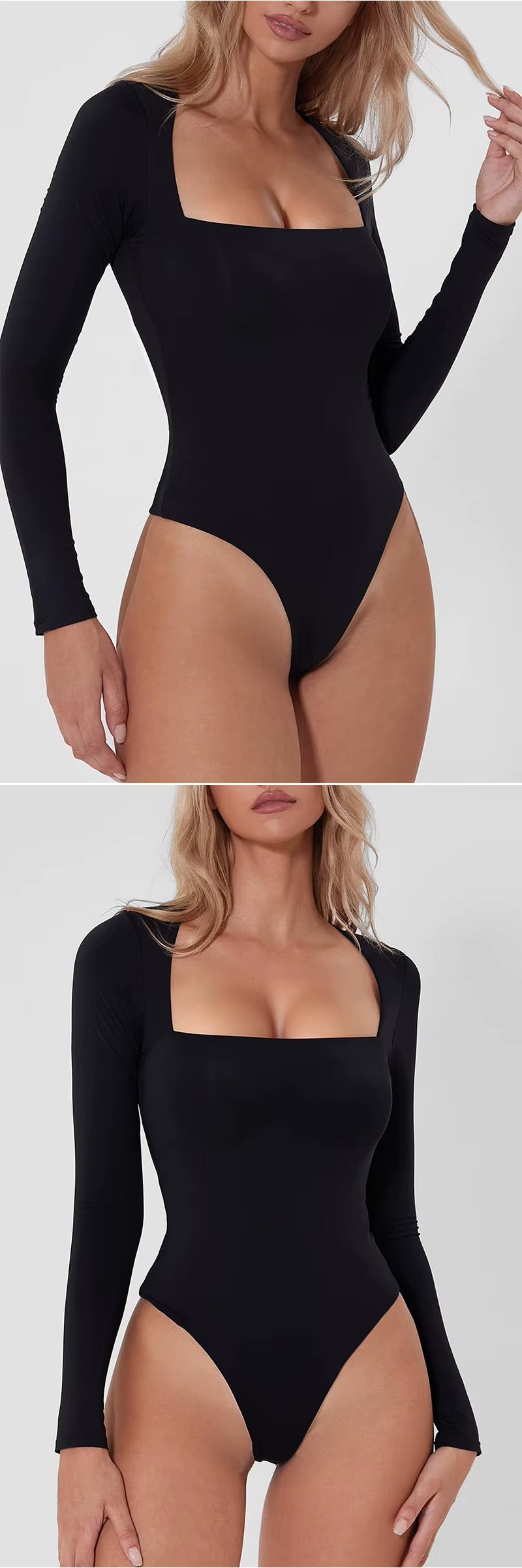2PCS New Style Women's Sexy Square Neck Bodysuit Long Sleeve Double Lined Shirt Tops