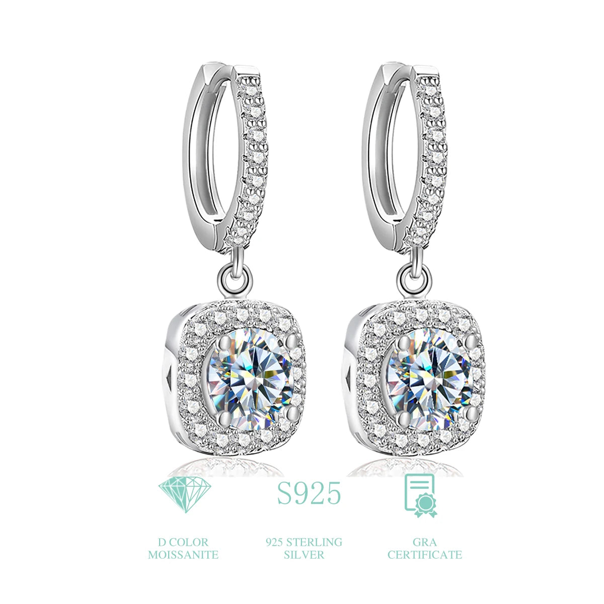 925 Sterling Silver Platinum Plated GRA Round Brilliant Cut Lady Women Luxury Fine Jewelry Hoop Earring Moissanite