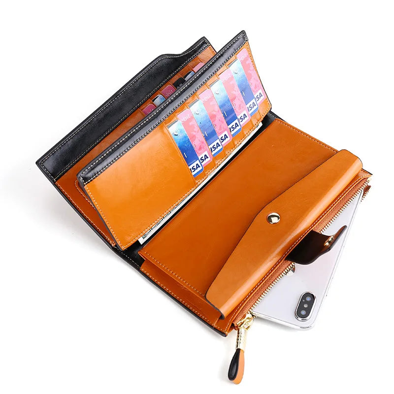 Fashion Real Leather Women RFID Clutch Purse with Strap Long Handle Wallet