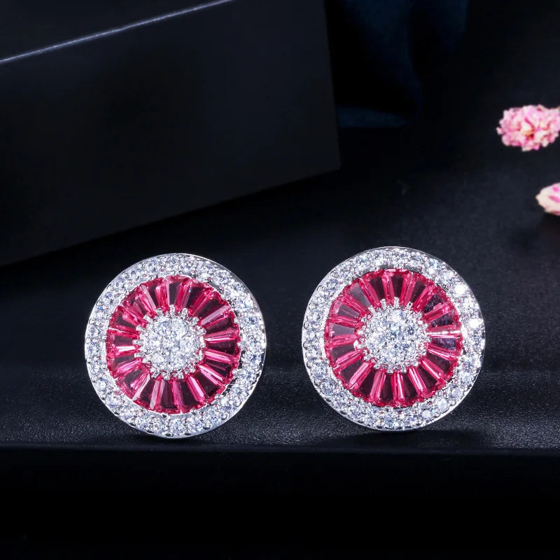 Noble Romantic Dark Blue Crystal Jewelry Luxury Round Cubic Zircon Wedding Big Stud Earrings for Women Party Gift