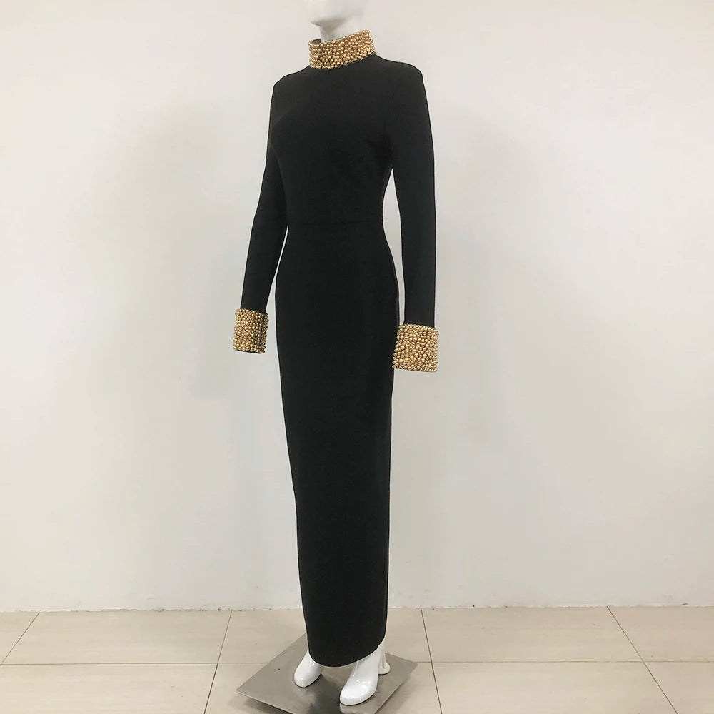 Luxury Fashion Elegant Long Sleeve Premium Bandage Dinner Dresses Luxurious Beaded Backless Slim Maxi Evening Dress for Women