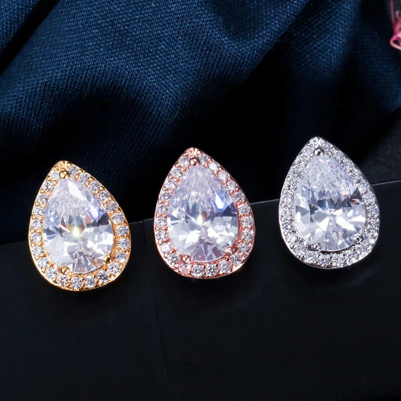 Vintage Design Pure White Gold Plated Cubic Zirconia Pear Cut Crystal Stud Earrings for Women CZ Jewelry Costume Accessories