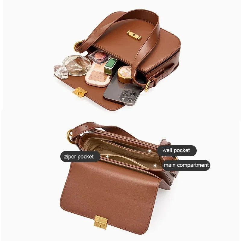 Women Cowhide Saddle Handbag Small Wedding Flap Underarm Shoulder Bag Retro Leather Square Box Messenger Tote for Lady Female