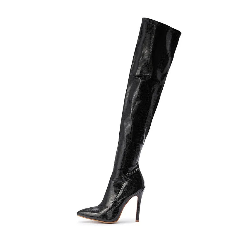 Sexy Stripper Shoes Women Stone Pattern PU Pointed Toe Thin Legs Stiletto Heels Over the Knee Thigh High Boots