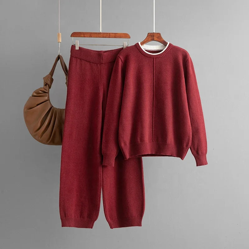 Winter Two Piece Outfit Cozy Knitted Crew Neck Pullover and Relaxed Fit Trousers Casual Fashion Clothing Set