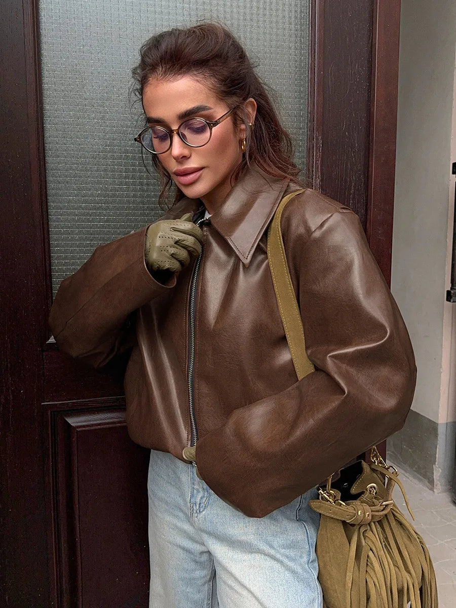 2025 Women's Spring and Autumn Vintage Motorcycle Popular Style Fashion Matte Leather Zipper Jacket Coat